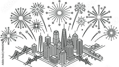 City skyline silhouette with isometric buildings and festive fireworks vector