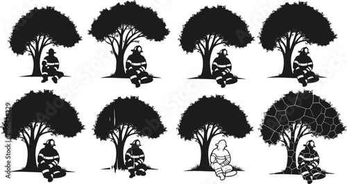 Firefighter under tree silhouette, emotional transformation sequence, burnout symbolism, black vector art, psychological decline concept, visual storytelling illustration