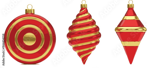 Vector illustration set of festive red and gold Christmas ornaments featuring a round bauble spiral drop and diamond shaped hanging holiday decorations.