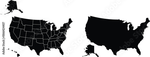 PrintBlack silhouette maps of the United States featuring a detailed version with state borders and a solid flat outline version.