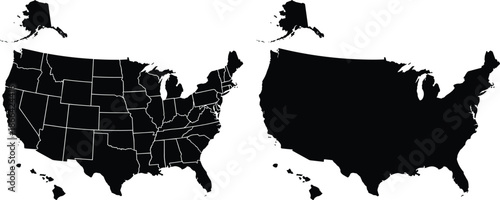 PrintBlack silhouette maps of the United States featuring a detailed version with state borders and a solid flat outline version.