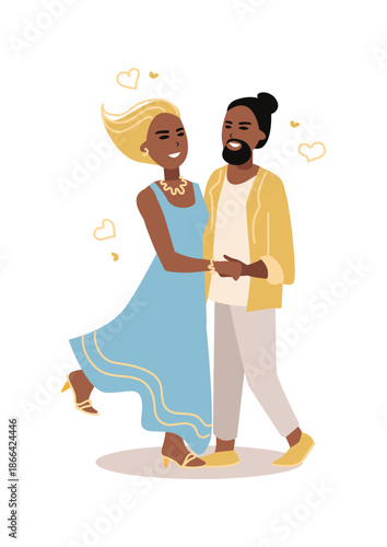 A happy young couple hugging, having fun, and dancing together. Valentine's Day. Vector illustration of a loving couple.