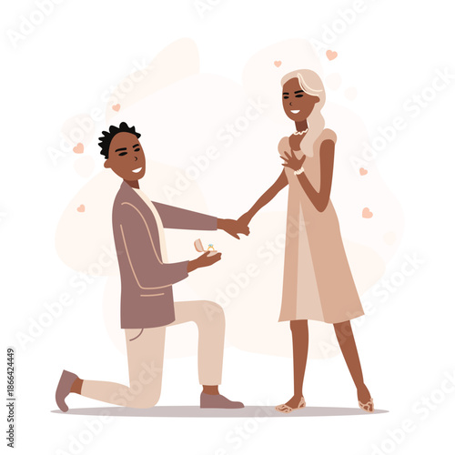 A happy young man proposes to a beautiful woman while kneeling. Valentine's Day. Vector illustration of a loving couple.