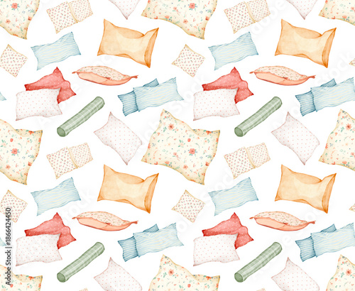 Watercolor hand drawn seamless pattern with cozy pillows, blanket, soft plaid isolated on white background. Comfort relaxation. Stacks of bedding, autumn style, warm home atmosphere, rustic design
