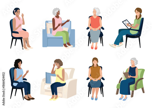 A set of women of different races and ages sitting in armchairs. People are sitting, relaxing, working, and chatting. Vector illustrations on a white background.