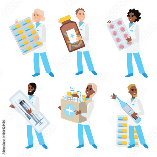 A set of cheerful doctors holding medications. Pharmacist's Day. Ordering medications from a pharmacy via a smartphone app and on a website. Vector illustration.