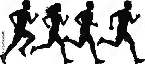PrintBlack silhouette of a group of diverse runners, including men and women, sprinting in a line for fitness and marathon.