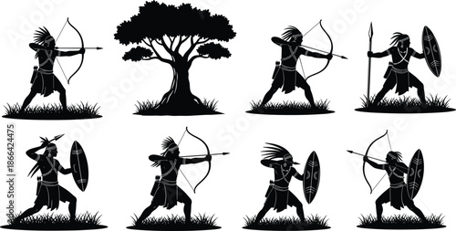 Indigenous warrior silhouette, traditional combat pose, bow spear shield stance, forest grass scene, black vector art, tribal illustration