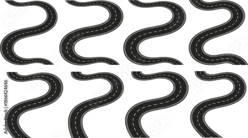Black vector illustration set of winding road silhouettes with white lane markings featuring various curved path designs isolated on a white background.