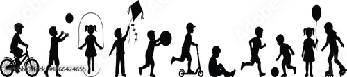 PrintBlack silhouettes of children playing outdoor activities, riding bicycle, flying kite, jumping rope, scooter, skating, and sports on white background.