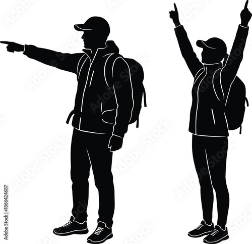 PrintBlack silhouettes of hikers with backpacks, man pointing direction, woman celebrating success, outdoor trekking, adventure, mountaineering, travel, and active lifestyle.