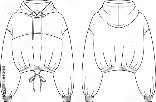 PrintCropped hoodie flat sketch illustration, fashion garment technical drawing vector, apparel design outline icon, clothing construction sketch art, stylish streetwear pattern set