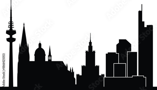 PrintEuropean city skyline silhouette, Warsaw Palace of Culture, Frankfurt skyscrapers, urban landscape, architectural landmarks, metropolitan skyline, travel icon, vector illustration, black.