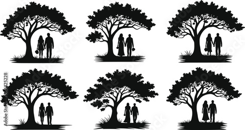Couple under tree silhouette, romantic nature scene, peaceful outdoor pose, fruit tree love moment, black vector illustration, minimal art