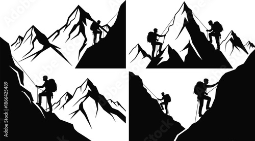 Mountain climbing silhouette set, male climbers ascending steep peaks, rock climbing gear, extreme mountaineering scenes, minimalist adventure vector, black white.
