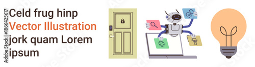 Artificial intelligence, automation, digital security, innovation, multitasking, creativity. Robot managing files on a laptop, locked door and glowing light bulb. AI and automation ion