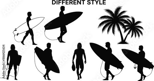 Surfer silhouette illustration, different surfboard styles, palm tree background, beach lifestyle pose, black vector art, surf culture diversity