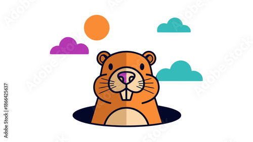A cartoon beaver emerges from a hole with clouds and sun in the background