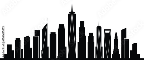 PrintModern urban city skyline silhouette featuring various skyscrapers and high rise office buildings vector illustration for corporate and commercial use,