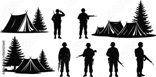 Military silhouette illustration, forest encampment scene, soldiers with rifles, pine tree tents, tactical outdoor pose, black vector artwork