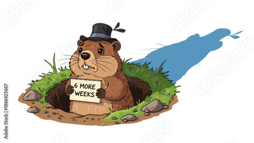 A cartoon groundhog wearing a hat holding a sign in a burrow surrounded by ground and water