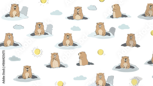 Repeating Pattern of Cartoon Groundhogs Emerging from Burrows on a White Background
