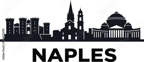 PrintNaples city skyline silhouette, Italian architecture landmarks, historic castles, domed churches, cultural heritage, travel tourism illustration, black vector design