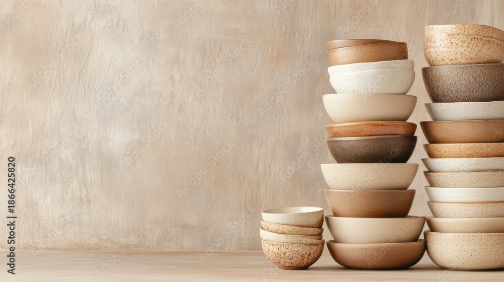 © mashimara - Earthenware Bowl Display: A curated collection of ceramic bowls stacked artfully, evoking a sense of rustic elegance and culinary anticipation.