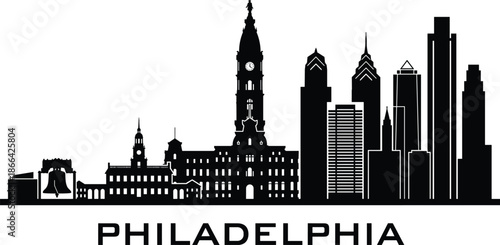 PrintPhiladelphia Pennsylvania city skyline silhouette featuring Liberty Bell, City Hall, Independence Hall, and Liberty Place skyscraper vector illustration for travel,
