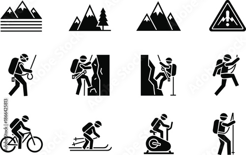 Outdoor adventure icons set, mountain hiking climbing cycling silhouettes, minimalist geometric sports symbols, extreme activity vector grid, black white illustration.