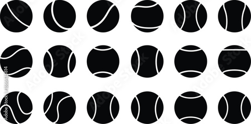 Black vector illustration set of tennis ball silhouettes featuring various white seam patterns and curved line designs isolated on white background.