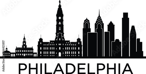 PrintPhiladelphia Pennsylvania city skyline silhouette featuring City Hall, Independence Hall, and Liberty Place skyscraper vector illustration for travel and tourism,