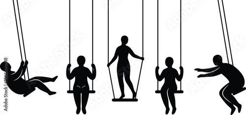 PrintProfessional black silhouettes of people playing on swings, children and adults enjoying playground activities, outdoor recreation, fun, and leisure time.