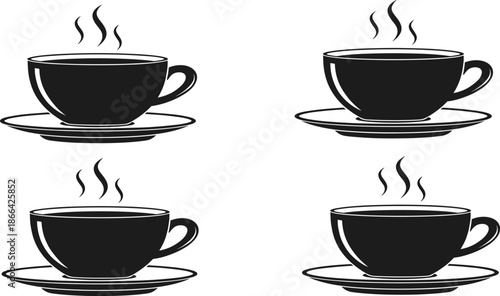 Black and white vector illustration set of steaming coffee cup icons with saucers isolated on a plain white background for cafe branding.