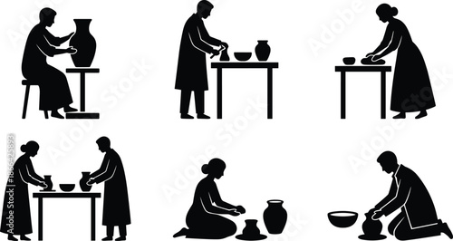 PrintProfessional black silhouettes of potters and ceramic artists creating clay pottery, vases, and bowls, traditional craft, artisan workshop, and hobby.