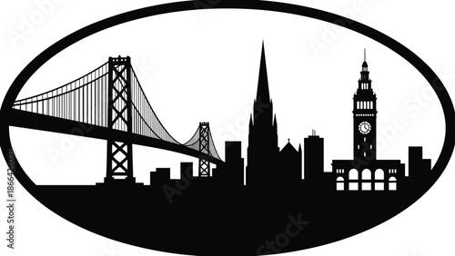 PrintSan Francisco skyline silhouette illustration, Bay Bridge, Ferry Building clock tower, church steeple, cultural heritage landmark, historic architecture vector art design