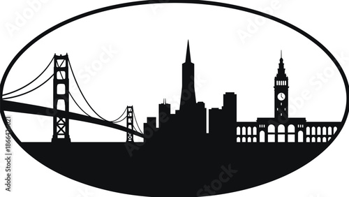 PrintSan Francisco skyline silhouette, Golden Gate Bridge, Transamerica Pyramid, Ferry Building, California city landscape, urban landmark, bay area, vector icon. (20 words)