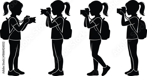 PrintSet of black silhouettes of a young girl with a backpack taking photos with a camera, childhood hobby, and photography.