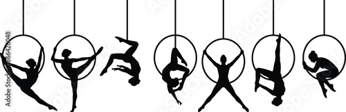PrintSet of black silhouettes of aerial hoop lyra performers, acrobats, and gymnasts in various elegant poses, circus arts, and fitness.