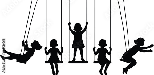 PrintSet of black silhouettes of children playing on swings, little girls enjoying outdoor playground activities, childhood fun, recreation, and leisure.