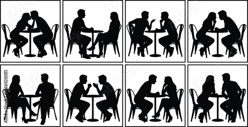 PrintSet of black silhouettes of couples on a date sitting at cafe tables, romantic dinner, communication, relationship concepts, and partnership.