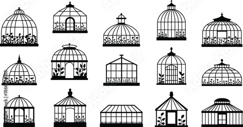 PrintSet of Victorian Greenhouse and Conservatory Icons, Black Glass House Silhouettes with Plants and Botanical Garden Elements for Garden Design