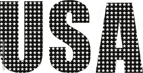 PrintUSA letters with white stars on black background, patriotic fourth of july typography design for independence day celebration and american pride