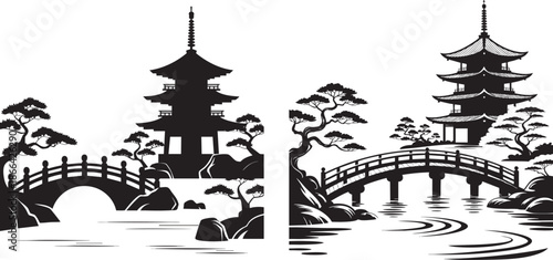 japanese pagoda landscape silhouette with bridge and bonsai trees black and white