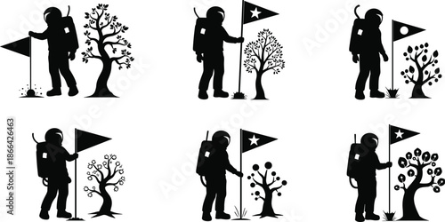 Astronaut planting flag, space exploration scene, tree growth stages, futuristic colonization, black and white illustration, terraforming concept art