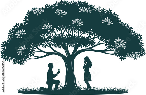 Romantic marriage proposal silhouette under large tree, man kneeling with engagement ring, woman surprised, dark teal minimalist vector art, isolated.