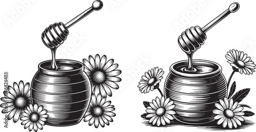 honey jar illustration black and white engraving style with chamomile flowers