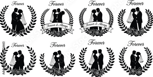 Set of eight wedding silhouettes with bride and groom, decorative floral laurel wreaths, roses, forever and always text, black white vector,