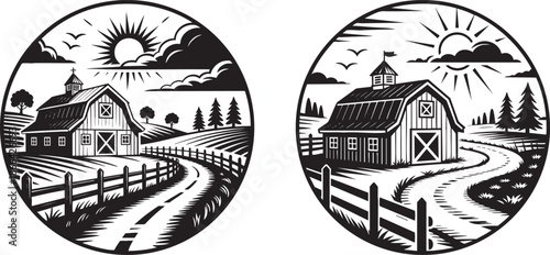 rustic farm barn landscape illustration black and white circular engraving style