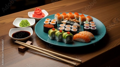 Delicious sushi platter with chopsticks and condiments on wooden table
